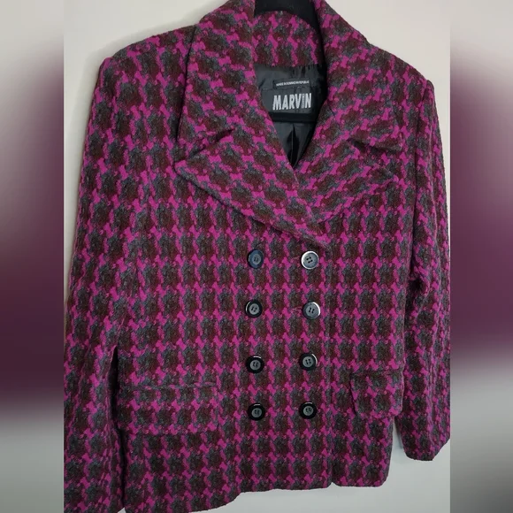Marvin Richardson Vintage Women's Pink and Black Houndstooth Wool Coat M
